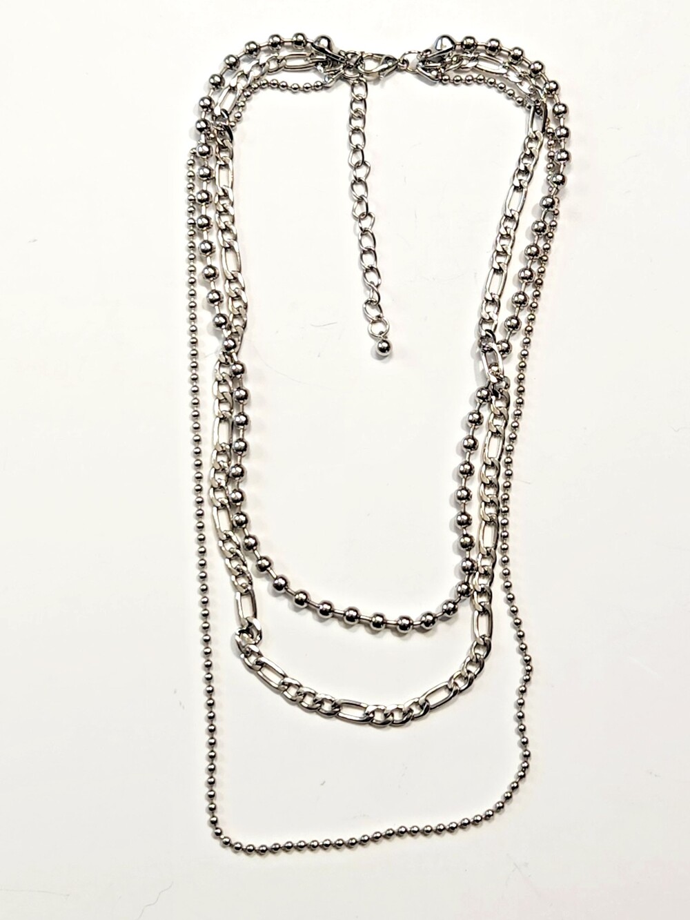 Silvertone 3 Layer Necklace Lg/Sm Bead-Ball Chain Figaro Industrial Goth Biker